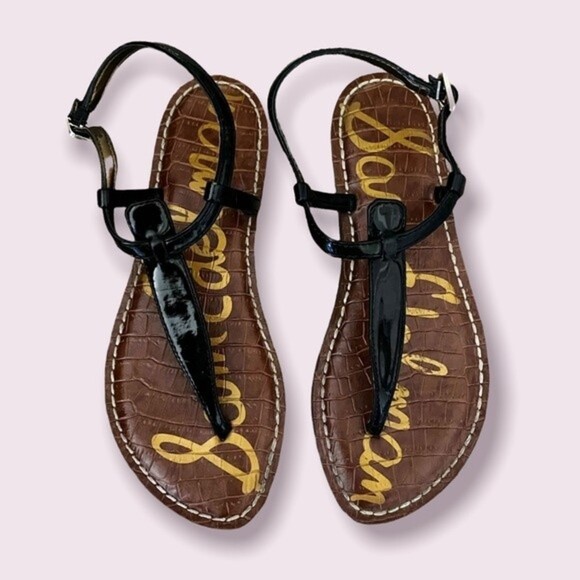Sam Edelman Gigi Sandals Black Brown Thong Patent Leather Flats Womens Size 4 - Picture 1 of 7